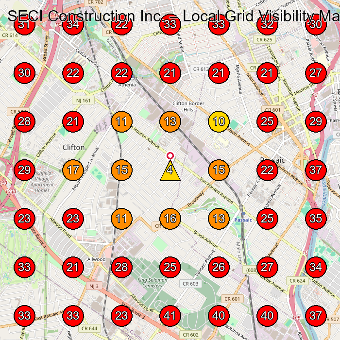SECI Construction Inc. GeoGrid visibility map for Roofing Contractor in Clifton